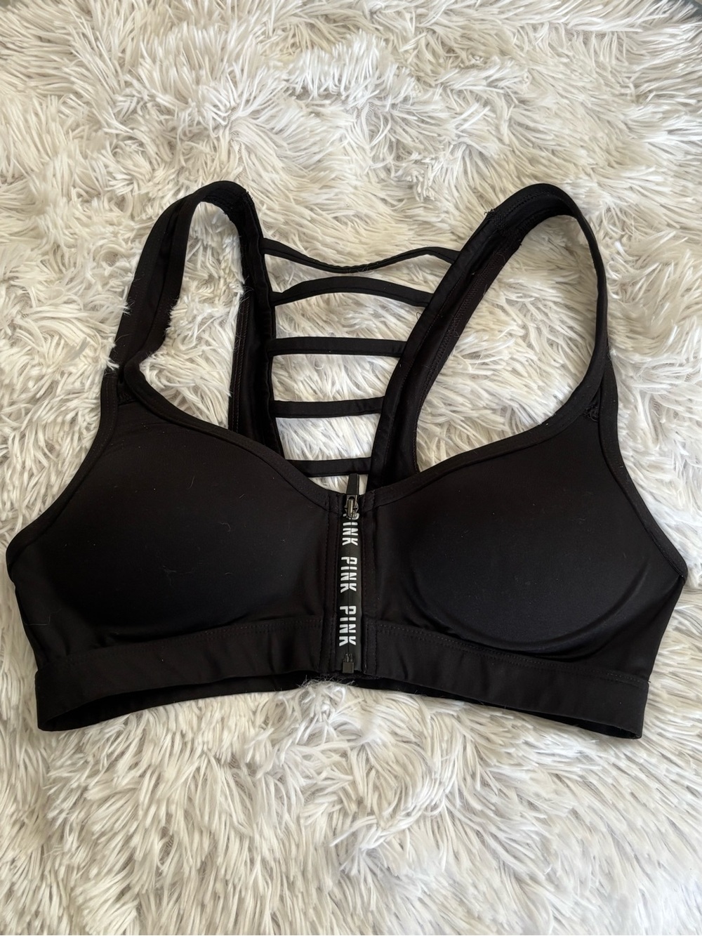 PINK Victoria's Secret Black Front-Zip Sports Bra with Strappy Back